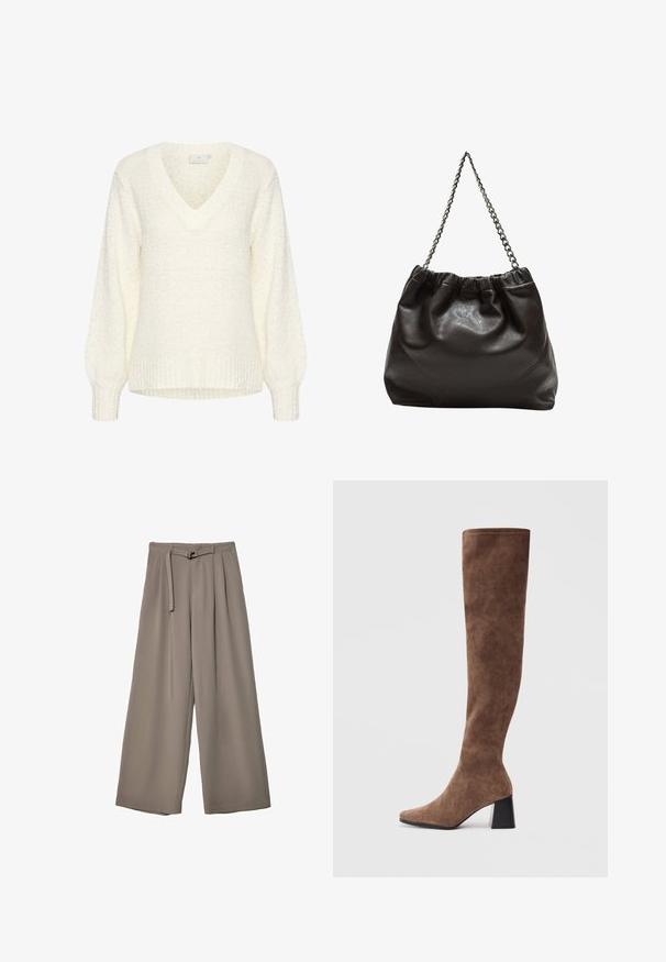 Kaffe LINANA - Jumper - chalk; Wide-leg trousers in a soft, muted grey fabric, featuring a belted waist and pleats for added design detail. Smooth texture, no patterns.; Brown over-the-knee boots made of soft suede with a pointed toe and a chunky black heel. The design features seamless stitching for a sleek look.; Brown leather bag with a gathered top and a chain strap. Smooth texture with a glossy finish and subtle seam detailing on the sides.
