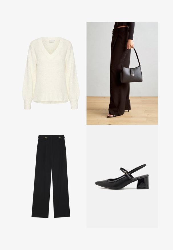 Kaffe LINANA - Striktrøje - chalk; Sorte vide bukser med høj talje, knapdetaljer på taljebåndet og frontfald.; Sorte patentlæder slingback hæle med spids tå, rund udskæring og blokhæl. Har en guldtonet spændeaccents.; Sort håndtaske med struktureret form, glat overflade og metalspænde. Sammen med brede sorte bukser og sandaler med åben tå på trægulv.