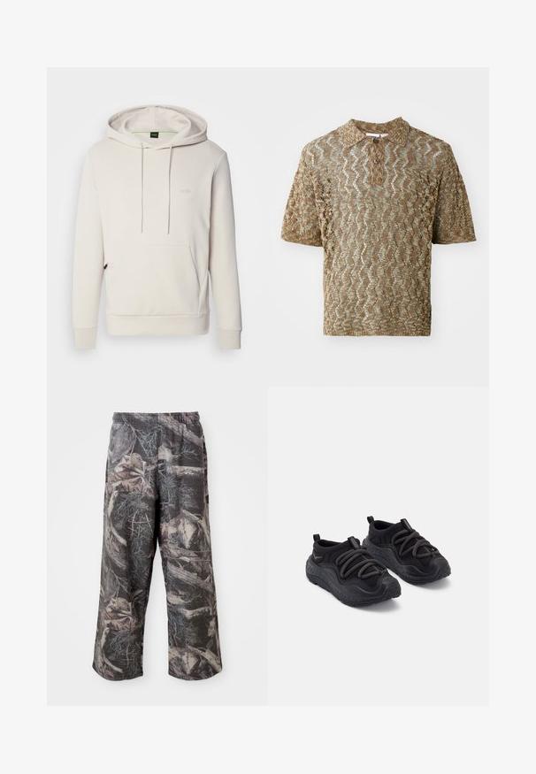 BOSS SOODY - Mikina s kapucňou - light beige; Polo tričko s krátkym rukávom v béžovej farbe, textúrované s vlnitými vzormi. Obsahuje golier a jeden hnedý gombík pri krku.; Nohavicový strih s camo vzorom v tlmených odtieňoch sivej a hnedej farby, s elastickým pásom a voľným strihom na zvýšenie pohodlia a pohyblivosti.; Čierne športové topánky s textúrovanou gumovou podrážkou, polstrovaným textilným zvrškom, elastickým šnúrkami a pútkami na päte pre jednoduché obúvanie.