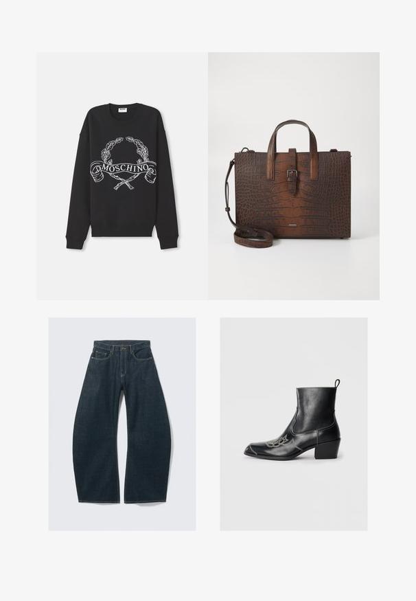 Fekete kereknyakú pulóver fehér babérkoszorúval és keresztbe tett pálcákkal díszítve, valamint "MOSCHINO" feliratú szalaggal az elején.; Sötétkék, bőszárú farmernadrág, öt zsebbel, látható varrással, gombos záródással és tiszta kivitelezéssel.; Fekete bőr bokacsizma négyzetes orral, díszített varrással és alacsony tömbsarokkal. Húzófüllel a könnyű felvétel érdekében.; Barna krokodilbőr hatású bőr kézitáska tetejére erősített füllel és levehető vállpánttal. Csattal záródik, és téglalap alakú.