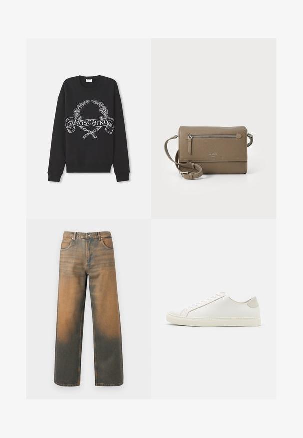 Pulover negru cu guler rotund, cu un design de laur alb și bățuri încrucișate, iar un banner cu textul "MOSCHINO" pe față.; Jeans evazați din denim albastru și maro distrus. Prezintă un talie înaltă, buzunare frontale și o închidere clasică cu buton, cu accente metalice.; Tenisii albi din piele cu o suprafață netedă, vârf rotund și un design minimalist. Prezintă accente bej pe toc și o talpă din cauciuc.; Geantă de umăr din piele taupe, cu un buzunar frontal cu fermoar, curea ajustabilă, textură de piatră și logo embosat pe față.