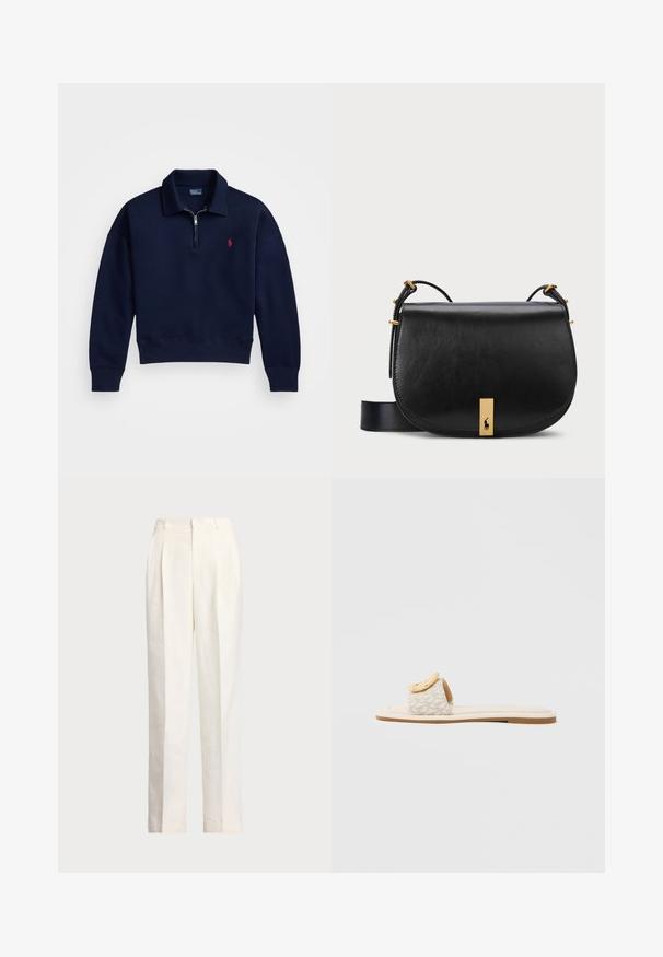 Tengerészeti kék, cipzáros pulóver, puha pamutból készült, bordás gallérral, mandzsettákkal és aljjal, a mellrészen egy kis piros logóval.; Polo Ralph Lauren HEMP WIDE LEG PANT - Nadrágok - nevis; Csúszdapapucs bézs színű pánttal, amely geometriai mintát hordoz, sárga, lekerekített díszítéssel a felső részén, és lapos, világos talppal.; Fekete bőr keresztpántos táska arany tónusú fém kiegészítővel és állítható pánttal, sima textúrával és ívelt formával.