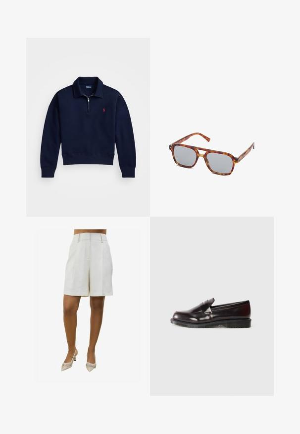 Pullover navy a mezza zip realizzato in morbido cotone, con colletto, polsini e orlo a coste, e un piccolo logo rosso sul petto.; Pantaloni corti in lino beige con design su misura, caratterizzati da due pieghe frontali e tasche laterali. Abbinati a scarpe con tacco a punta a righe.; Mocassini in pelle bordeaux con superficie liscia, dettaglio cucitura rialzata e suola in gomma. Progettati con una punta arrotondata e hardware minimale.; Occhiali da sole in plastica con motivo tartarugato, lenti grigie rettangolari e aste sottili. Presentano un design minimalista con un taglio sul ponte.; Borsa a tracolla in pelle marrone con forma arrotondata, texture liscia e doppi manici. Presenta un accento in hardware dorato al centro.; Bracciale a manica in metallo con finitura dorata, caratterizzato da un design ondulato, con superfici lisce e una texture lucida e riflettente. Nessun motivo o decorazione visibile.