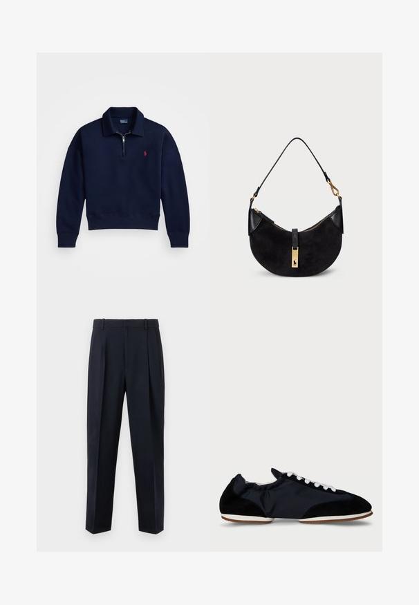 Pullover azul-marinho com fecho de zip em quarter, feito de algodão macio, com colarinho, punhos e bainha canelados, apresentando um pequeno logótipo vermelho no peito.; Calças ajustadas azul-marinho escuras com cintura alta, pregas frontais, bolsos laterais e corte de perna reta. Feitas de tecido liso e leve.; Sapatos azul-marinho com uma mistura de tecido liso e camurça preta. Apresentam atacadores brancos e uma sola de borracha de perfil baixo. Design de biqueira arredondada.; Mala preta com forma curve, feita de camurça e couro, com um fecho de correr dourado e um detalhe com o logótipo. Inclui uma alça curta.