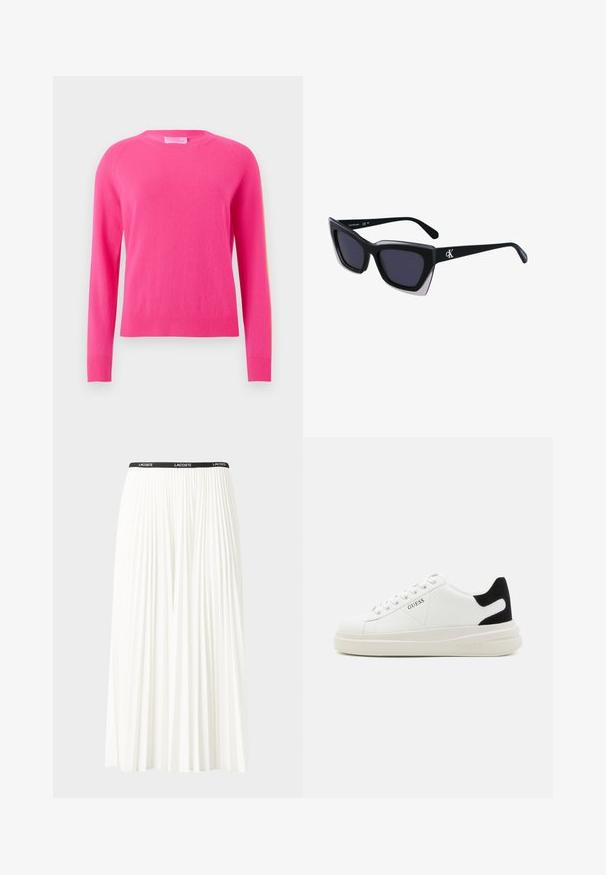 Maglione fucsia con maniche lunghe, collo rotondo, polsini e orlo a coste. Texture morbida, tessuto leggero, design semplice senza motivi né accenti.; Gonna bianca plissettata con elastico nero in vita che presenta il logo "LACOSTE". Design di lunghezza media con texture morbida.; Sneaker bianchi in pelle con suola spessa bianca, accento in suede nero sul tallone e logo impresso sul lato. Design con lacci e sei fori per i lacci.; Occhiali da sole oversize neri dalla forma geometrica, con lenti scure e un dettaglio grigio a contrasto sulla montatura. Logo sul braccio.
