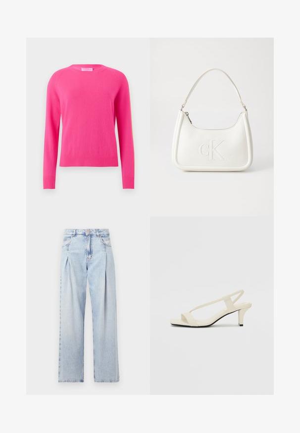 Fuchsia trui met lange mouwen, ronde hals, ribbelmanchetten en -zoom. Zachte textuur, lichtgewicht stof, eenvoudig ontwerp zonder patronen of accenten.; Lichtblauwe denim jeans met een hoge taille, wijde pijpen, twee zijzakken en geplooid ontwerp. Zachte textuur met een vervaagd uiterlijk.; Beige blockhak sandalen met dunne bandjes en een vierkante neus. Glad materiaal met minimale details, ontworpen voor eenvoudig dragen.; Witte lederen handtas met een gebogen vorm, voorzien van een reliëf "CK" logo aan de voorkant en een enkele schouderriem. Ritsluiting aan de bovenkant.