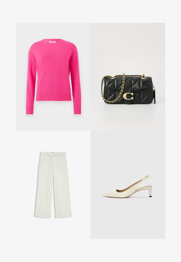 Maglione fucsia con maniche lunghe, collo rotondo, polsini e orlo a coste. Texture morbida, tessuto leggero, design semplice senza motivi né accenti.; Pantaloni a gamba larga in tessuto crema chiaro, dotati di tasche laterali, frontale liscio e chiusura a un bottone in vita. Texture morbida.; Scarpa slingback a punta in pelle bianca sporca, caratterizzata da un tacco basso e un design con ritagli, dal texture liscia e con accenti minimi.; Borsa a tracolla in pelle nera trapuntata con una catena dorata e un fermaglio a scatto con un accento circolare. Forma rettangolare compatta.