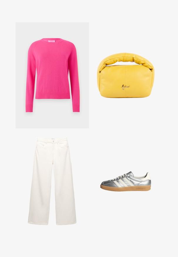 Fuchsia tröja med långa ärmar, rund hals, ribbade manschetter och fåll. Mjuk textur, lätt tyg, enkel design utan mönster eller detaljer.; Vita vida byxor i denim med hög midja, som har framfickor och metallbeslag på knappen och dragkedjan.; Silver sneakers med vita accenter, med tre ränder, rund tå och gummisulor. Texturerat metalliskt material.; faina EMBELL - Handväska - gelb