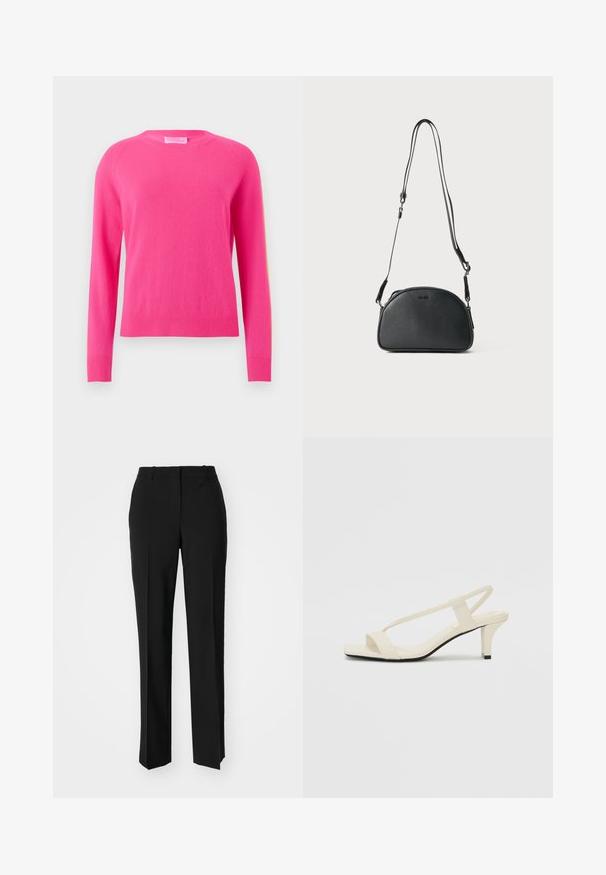 Fuchsia Pullover mit langen Ärmeln, Rundhalsausschnitt, gerippten Bündchen und Saum. Weiche Textur, leichtes Material, schlichtes Design ohne Muster oder Akzente.; Schwarze, taillierte Hose mit geradem Bein, aus einem glatten Stoff und mit klaren Falten an der Vorderseite. Keine sichtbare Hardware.; Beige Blockabsatzsandalen mit dünnen Riemen und quadrater Spitze. Glattes Material mit minimalem Design, entworfen für einfaches Tragen.; Schwarze Leder-Umhängetasche mit runder Form, zwei verstellbaren Trägern und einem dezenten Logo auf der Vorderseite. Strukturierte Außenseite, minimalistisches Design.