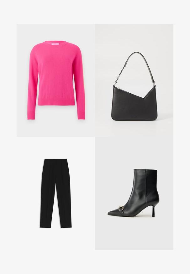 Fuchsia Pullover mit langen Ärmeln, Rundhalsausschnitt, gerippten Bündchen und Saum. Weiche Textur, leichtes Material, schlichtes Design ohne Muster oder Akzente.; Schwarze Hose mit geradem Schnitt, doppelten Falten, einer glatten Textur und einem klassischen Bunddesign. Keine sichtbaren Beschläge oder Akzente.; Schwarze Leder-Stiefelette mit spitzer Zehe, schlankem, mittelhohem Absatz und silberner Schnalle seitlich vor einem schlichten Hintergrund.; Schwarze Lederhandtasche in dreieckiger Form, mit schmalem Tragegurt und silbernem Zubehör. Sie verfügt über einen Reißverschluss und ein geprägtes Logo auf der Vorderseite.