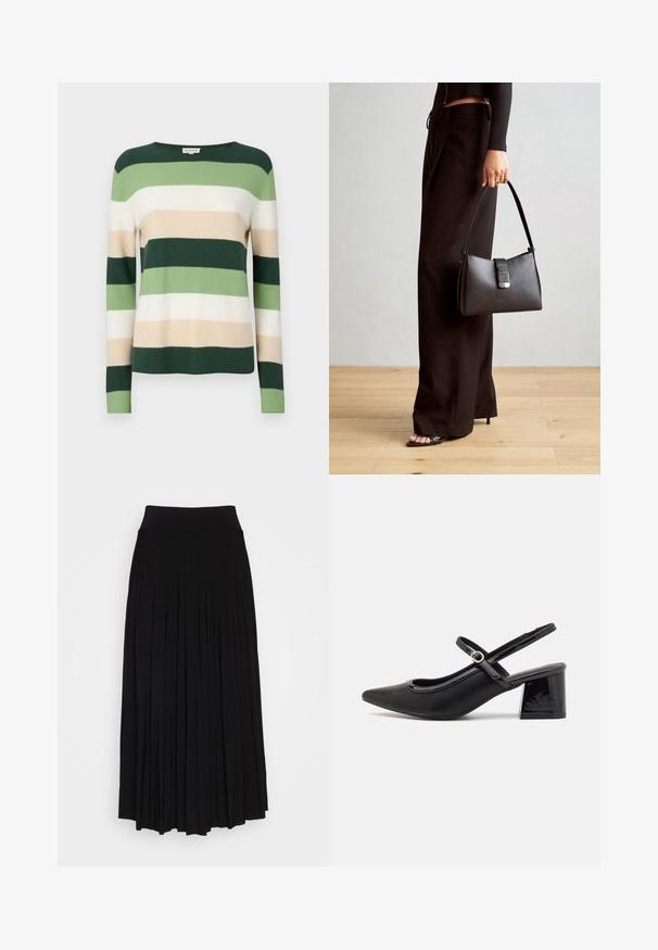Pull rayé à manches longues. Les couleurs comprennent le vert foncé, le vert clair, la crème et le beige. Fabriqué en matériau tricoté doux. Encolure ronde.; Jupe plissée noire avec une taille haute et extensible. Fabriquée en tissu doux, elle présente des plis verticaux pour une silhouette fluide.; Escarpins slingback en cuir verni noir avec un embout pointu, un design à découpes arrondies et un talon carré. Présente un accent de boucle en ton doré.; Sac à main noir à la forme structurée, texture lisse et fermoir métallique. Associé à un pantalon noir ample et des sandales ouvertes sur un sol en bois.