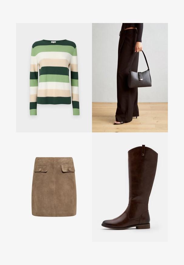 Striped sweater with long sleeves. Colors include dark green, light green, cream, and beige. Made from a soft knit material. Crew neckline.; Brown suede mini skirt with a smooth texture, featuring two front flap pockets and button closures on each side. Simple, straight design.; Brown knee-high boots made of smooth leather, featuring a rounded toe, low stacked heel, and a subtle stitching pattern along the sides.; Black handbag with structured shape, smooth texture, and a metallic clasp. Paired with wide black pants and open-toe sandals on wooden floor.