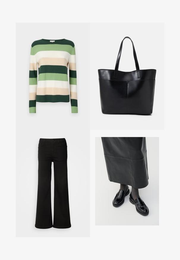 Suéter rayado de manga larga. Los colores incluyen verde oscuro, verde claro, crema y beige. Hecho de un material de punto suave. Cuello redondo.; Pantalones de pierna ancha negros hechos de tela de mezclilla, que cuentan con bolsillos frontales, cierre de botón y una textura suave con un acabado limpio.; Mocasines de cuero negro con un acabado suave, que presentan una tira decorativa, puntera redonda y suela texturizada. Llevados con una falda larga de cuero negro.; Bolso tote de cuero negro con dos asas largas, textura suave y forma estructurada. Cuenta con un bolsillo frontal para almacenamiento adicional.