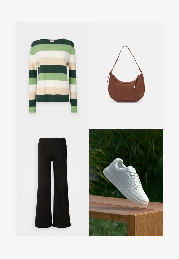 Pruhovaný sveter s dlhými rukávmi. Farby zahŕňajú tmavozelenú, svetlozelenú, krémovú a béžovú. Vyrobený z mäkkého pleteného materiálu. S okrúhlym výstrihom.; Čierne široké nohavice z denimu, s prednými vreckami, zapínaním na gombík a hladkou textúrou s čistým zakončením.; Biele tenisky s hladkým syntetickým zvrškom, perforovanou špičkou, plochými šnúrkami a textúrovanou podrážkou, vystavené na drevenej ploche.; Hnedá umelá kožená taška cez rameno s zakriveným tvarom, minimalistickým šitím a zlatými akcentami. Obsahuje zips na vrchu a nastaviteľný popruh.