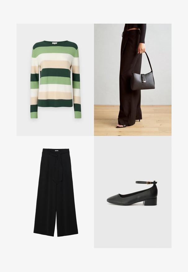 Gestreifter Pullover mit langen Ärmeln. Die Farben umfassen Dunkelgrün, Hellgrün, Creme und Beige. Hergestellt aus einem weichen Strickmaterial. Rundhalsausschnitt.; Schwarze weite Hosen aus strukturiertem Stoff, mit elastischem Bund und einem abnehmbaren Bindegürtel in der Taille für eine verstellbare Passform.; Schwarze Lederpumps mit spitzem Zehenbereich und niedrigem Blockabsatz. Mit einem Knöchelriemen und einer goldfarbenen Schnalle. Glatte Textur.; Schwarze Handtasche mit strukturierter Form, glatter Textur und einem metallischen Verschluss. Kombiniert mit weiten schwarzen Hosen und offenen Sandalen auf einem Holzboden.