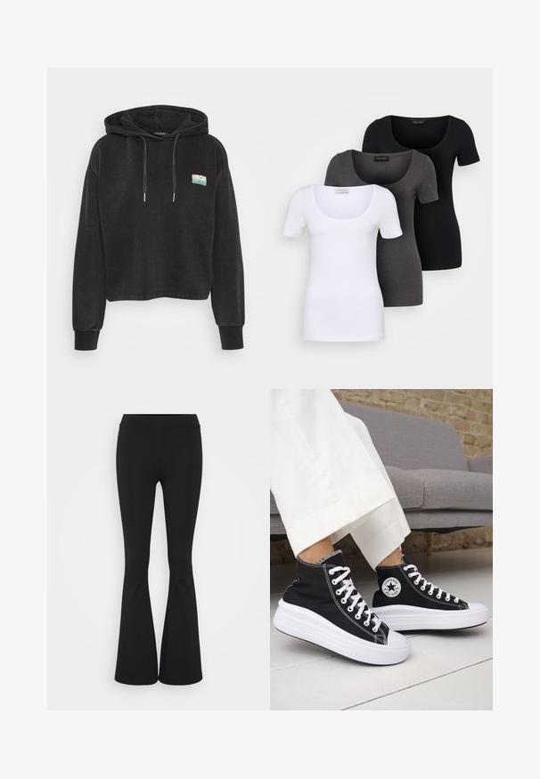 Čierna skrátená mikina vyrobená z mäkkej tkaniny, s klokaními vreckom, kapucňou na šnúrky a malou farebnou nášivkou na prednej strane.; Tričko v bielej, šedej a čiernej farbe s priliehavým strihom. Každé má široký výstrih a krátke rukávy. Vyrobené z hladkej, elastickej tkaniny.; Čierne rozšírené nohavice vyrobené z elastického materiálu, s vysokým pásom a hladkou textúrou. Nohavice sa rozširujú od kolena.; Čierne vysoké tenisky s bielymi gumovými podrážkami a šnúrkami. Obsahujú okrúhlu nášivku s logom a kontrastné biele prešívanie. Materiál je plátený.