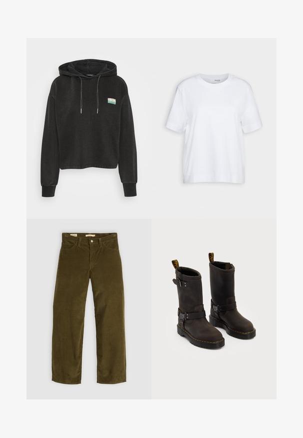 Črna skrajšana kapuca, izdelana iz mehkega materiala, z kenguru žepom, kapuco z vrvicami in majhnim pisanem motivom spredaj.; Bela kratka majica s kratkimi rokavi, krojačka ovratnika, izdelana iz mehkega, gladkega bombažnega blaga, s pravim robom in minimalnimi podrobnostmi. Enostaven in vsestranski dizajn.; Olive zeleni kord tux hlače s ravnim krojem, ki vključujejo sprednje žepke in gumbasto zapiranje, s pokončno rebrasto teksturo.; Temno rjave usnjene čevlje s srednje dolgim dizajnom, rumenimi šivi, nastavljivimi sponkami in zanka za vlečenje na vrhu. Tekstura na površini.