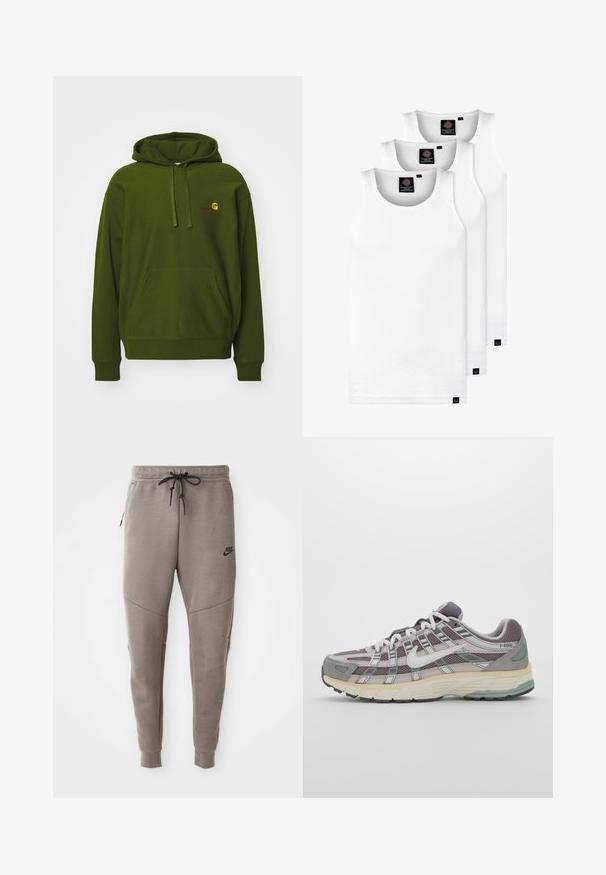Žalia medvilnės mišinio džemperis su kišenėmis kangouru, reguliuojamu kapuce su raišteliais ir išsiuvinėtu logotipu ant krūtinės.; Trys balti, dryžuoti marškiniai be rankovių, pagaminti iš medvilnės. Yra apvalus kaklas ir maži juodi etiketės netoli siūlės. Siūlomi įvairių dydžių.; Pilkos Nike kelnės su raišteliu liemenyje, siaurėjančiomis kojomis, šoninėmis kišenėmis ir išskirtiniais siūlų detalėmis. Minkšta, tekstūruota medžiaga.; Pilkas sportinis batas su tinklu ir zomšos viršutine dalimi, baltomis detalėmis, paminkštintu padu ir išskirtiniu dizainu su atspindinčiais elementais.