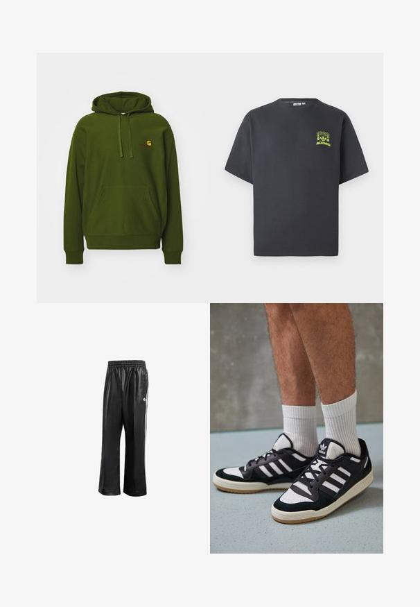 Zielona bluza z kapturem wykonana z mieszanki bawełny, z kieszenią typu kangur, regulowanym wiązanym kapturem i haftowanym logo na piersi.; T-shirt w kolorze węgorzowym marki Adidas z krótkim rękawem i małą neonowo-zieloną grafiką głośników, słońca oraz logo Adidas na lewej klatce piersiowej.; Czarne syntetyczne spodnie dresowe z elastycznym pasem, z białymi paskami po bokach i małym białym logo na lewym biodrze.; Czarno-białe sneakersy z zamszową i skórzaną cholewką, z trzema białymi paskami, perforowanym czubkiem i gumową podeszwą w kolorze gumy.