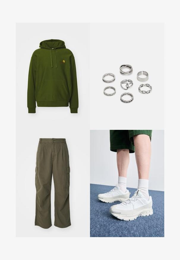 Grøn hoodie lavet af bomuldsblanding, med en kængurulomme, justerbar snor til hætten og broderet logo på brystet.; Cargo bukser i olivengrøn, lavet af bomuld, med et bredt ben design, læg og sidelommer til praktisk anvendelse.; Hvide atletiske sko med teksturerede overlays, en chunky sål og grå accenter. Båret med hvide ankelstrømper og grønne shorts på en blå overflade.; Sæt af syv sølvringe med forskellige designs, herunder snoede, sammenkoblede og graverede mønstre. Forskellige former og bredder.