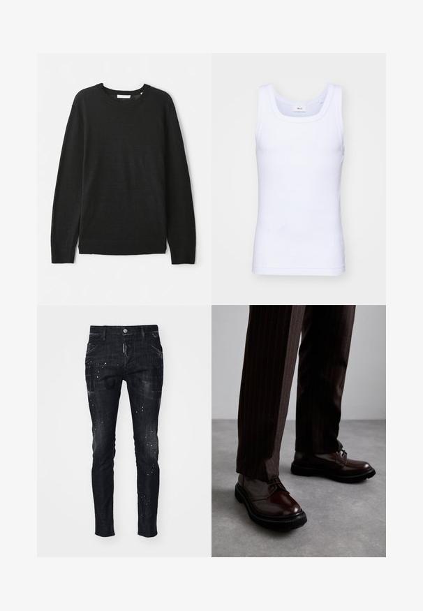 Crna dolčevita od dugih rukava napravljena od lagane pletene tkanine. Ima okrugli izrez i rebraste manžete i donji rub. Bez uzoraka ili ukrasa.; Bijela pamučna bezrukavna majica s okruglim izrezom, s glatkom teksturom i prilagođenim oblikom, dizajnirana za ležerno nošenje.; Crne traperice uskog kroja s istrošenim izgledom, uz uzorak prskanja i prednje džepove. Na prednjoj strani vidljiv je logo brenda.; Smeđe kožne cipele s vezicama i sjajnim finišom, crna gumena potplata i suptilno šivanje. Nosene s smešanim smešnim smeškom smešnim smeškom.