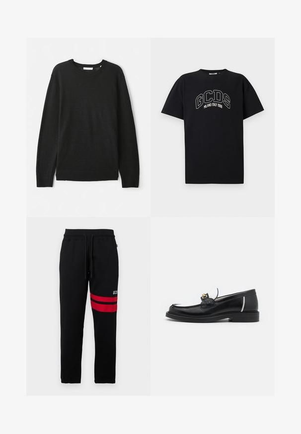 Black long-sleeve sweater made from a lightweight knit fabric. Features a crew neckline and ribbed cuffs and hem. No patterns or embellishments.; Black cotton t-shirt with short sleeves. Features white GCDS logo and "MILANO ITALY 1988" text in an arch. Standard fit and crew neck.; Black sweatpants with contrast red stripes and logo on the side. Features an elastic waistband with drawstring and tapered ankle cuffs.; Black leather loafer with a rounded toe, white accents, and gold hardware on the vamp. Features a textured patch and stacked heel.