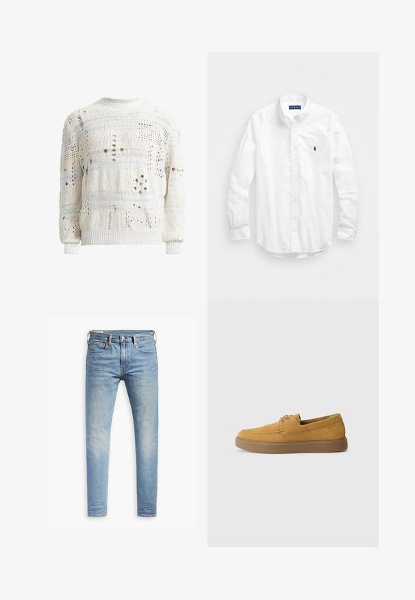White knitted sweater with various cutout patterns, featuring a textured surface and ribbed cuffs. Crew neck design, slightly oversized fit.; White long-sleeve button-up shirt in cotton. Features a classic collar, button cuffs, and a small navy embroidered logo on the chest.; Light blue slim-fit jeans with slight fading on thighs, front button closure, belt loops, and five-pocket styling on a white background.; Brown suede slip-on shoes with a textured finish, round toe, and contrasting rubber sole. Features subtle branding near the heel.