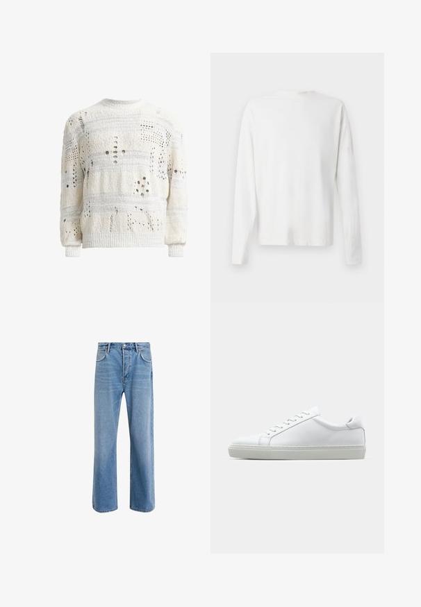 Valkoinen neulepaita, jossa on erilaisia leikattuja kuvioita, tekstuuri pinta ja resorihihansuissa. Pyöreä pääntie, hieman ylisuuri malli.; Pitkähihaisesta valkoisesta puuvillapaidasta, jossa on pyöreä pääntie, sivuhaalareita alaosassa ja sileä pinta, näkyy takaa.; Vaaleansiniset farkut suoranlahkeisella muotoilulla, viisi taskua, nappisuljenta, vähäinen kuluminen ja kontrastiväriset ompeluyksityiskohdat.; Valkoinen tennari, jossa on sileä nahkapäällinen ja matala profiili. Ominaisuuksiin kuuluu pyöreä kärki, kuusi rei'itystä ja teksturoitu kumipohja.