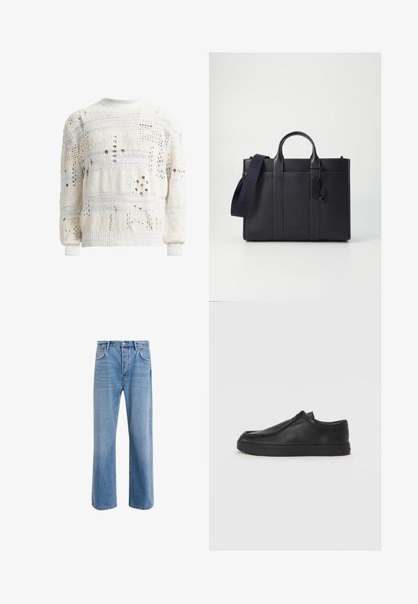 Bílý pletený svetr s různými výřezy, s texturovaným povrchem a žebrovanými manžetami. Design s kulatým výstřihem, mírně oversize střih.; Světle modré džínové kalhoty s rovnými nohavicemi, pěti kapsami, zapínáním na knoflík, minimálním vyblednutím a kontrastním prošitím.; Černé kožené nazouvací boty s kulatou špičkou, prošitím a černou gumovou podrážkou. Hladký povrch s minimalistickým designem.; Tmavě námořnická kožená aktovka s dvojitými horními rukojeťmi a odnímatelným popruhem. Má texturovaný povrch, vertikální švy a detail s logem.
