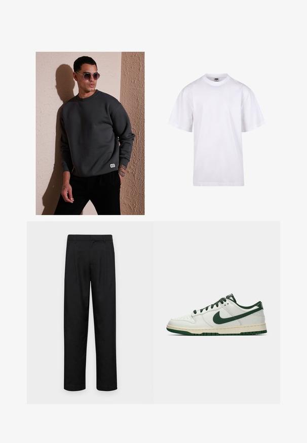 Donkergrijze sweatshirt met een ronde hals, geribbelde manchetten en een klein merklabel aan de zoom, gecombineerd met ronde zonnebrillen.; Witte katoenen t-shirt met een ronde hals, korte mouwen en een relaxte pasvorm. Heeft een eenvoudig ontwerp zonder patronen of accenten.; Zwarte broeken van gladde stof, met een recht model, twee voorknikken en een standaard tailleband met riemlussen.; Witte lage sneakers met een donkergroene Nike swoosh, veters en accentkleuren op de zool, weergegeven in profiel op een effen witte achtergrond.