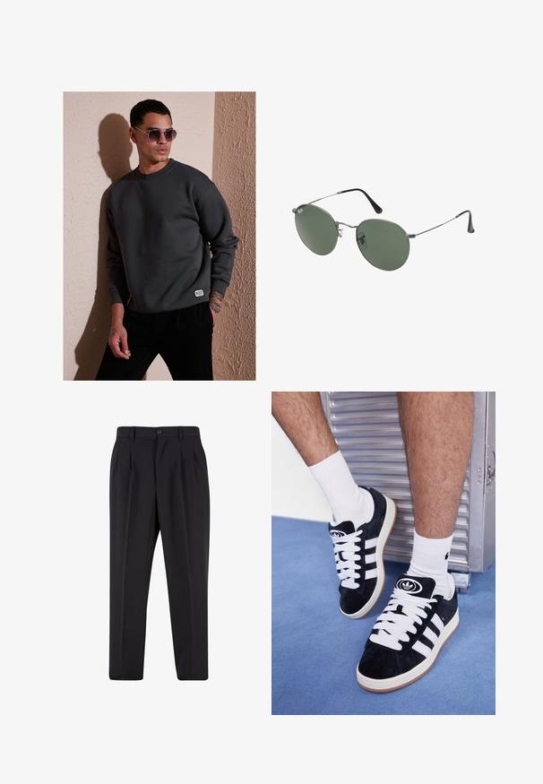 Sötétszürke kapucnis pulóver, amelynek kerek nyaka, bordás mandzsettái és egy kis márkajelzése van a szegélyén, kerek napszemüveggel párosítva.; Fekete nadrág, pliszézett elejű dizájnnal, sima anyagból készült. Gombos záródás és övhurkok jellemzik; egyenes szabású.; Fekete velúr sportcipők fehér fűzőkkel és három fehér csíkkal. A nyelvén egy kör alakú fekete logó található, valamint egy gumis talp.; Fémkeretes napszemüveg ovális zöld lencsékkel. Vékony ezüst színű fémkeret és fekete fülrész. Minimalista dizájn, látható logók nélkül.