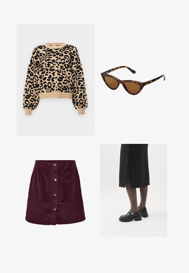 Bežs džemperis ar melnu leopardu rakstu, apaļu kakla izgriezumu un ribotām aprocēm. Iespējas ietver īsu dizainu un mīkstu adītu tekstūru.; Burgundijas krāsas korduroja minī svārki ar A formas siluetu, ar pieciem sudraba pogām priekšā un smalku ribotu tekstūru.; Melni ādas apavi ar noapaļotu purngalu, biezām bloku papēžiem un elastīgiem sānu akcentiem, apvienoti ar tumšām zeķubiksēm un melnu svārku ar šķirbu.; Kaķa acs saulesbrilles ar melnu un oranžu bruņurupuču rakstu rāmi, brūnām lēcām un elegantiem, norādītiem galiem. Rāmī ir minimālists logos uz tempļa.; Zelta auskari ar gludu, spīdīgu apdari. Apaļš dizains, kas ietver mazu tapu un caurspīdīgu pamatni drošai valkāšanai.