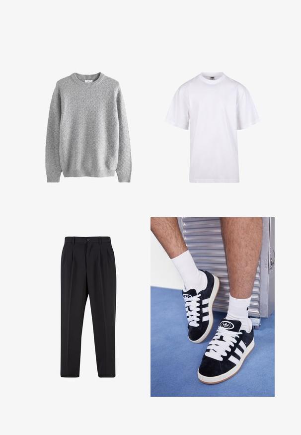 Grauer Strickpullover mit strukturiertem Muster, Rundhalsausschnitt und langen Ärmeln. Hergestellt aus weichem Material mit gerippten Bündchen und Saum.; Weißes Baumwoll-T-Shirt mit Rundhalsausschnitt, kurzen Ärmeln und lockerer Passform. Hat ein schlichtes Design ohne Muster oder Akzente.; Schwarze Hose mit plissiertem Vorderdesign, aus glattem Stoff gefertigt. Mit Knopfverschluss und Gürtelschlaufen; gerade Passform.; Schwarze Wildledersneaker mit weißen Schnürsenkeln und drei weißen Streifen. Verfügt über ein kreisförmiges schwarzes Logo auf der Zunge und eine Gummisohle.