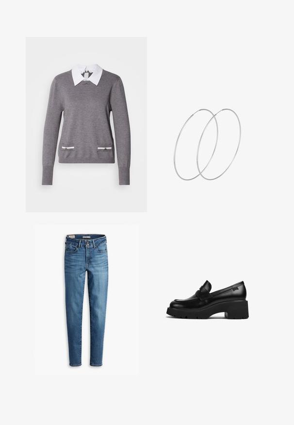 Szary sweter z dzianiny z białą koszulą pod spodem. Posiada dwa akcenty kieszeni z białymi wykończeniami i srebrnymi elementami na przodzie.; Dżinsy skinny z wysokim stanem w jasnoniebieskim deninie. Posiadają pięć kieszeni, zapięcie na guzik z przodu oraz klasyczne detale przeszycia.; Czarne skórzane loafery na grubej podeszwie z szerokim obcasem i paskiem na górze, zaprezentowane z boku na białym tle.; Srebrne kolczyki w formie obręczy o minimalistycznym designie. Okrągły kształt, gładka faktura i cienki profil. Lekkie, z polerowanym wykończeniem.