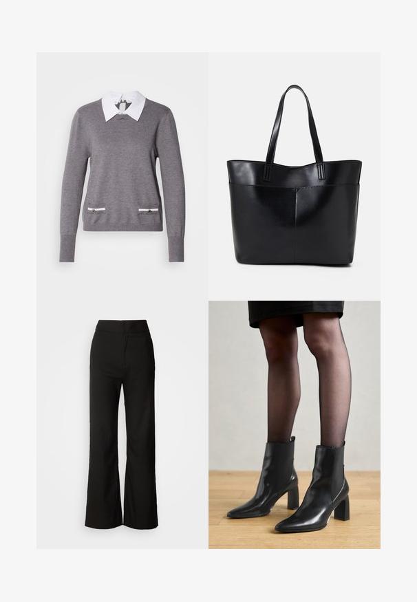 Grijze gebreide trui met een witte blouse eronder. Kenmerkt twee zakaccenten met witte rand en zilveren hardware aan de voorkant.; Zwarte wijde broek met een gladde textuur, hoge taille en een strakke uitstraling. Geen zichtbare zakken of versieringen.; Zwarte leren enkellaarsjes met een spitse neus, stevige vierkante hak en een fraaie uitstraling. Beschikt over elastische zijpanelen voor gemakkelijke aan- en uittrekken.; Zwarte leren tote bag met twee lange handvatten, een zachte textuur en een gestructureerde vorm. Voorzien van een voorvak voor extra opslagruimte.; Zilveren hoepel oorbellen met een minimalistisch ontwerp. Cirkelvormig, gladde textuur en dun profiel. Lichtgewicht met een gepolijste afwerking.