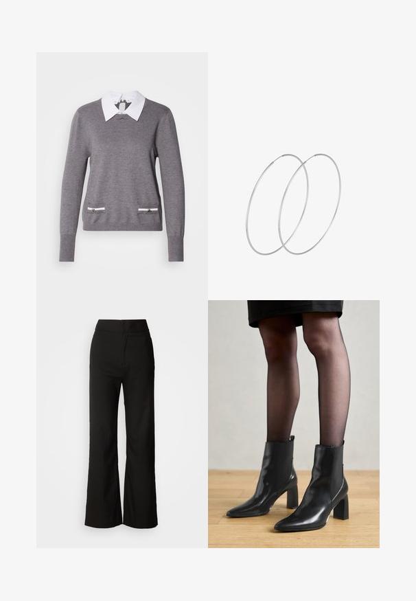 Grauer Strickpullover mit einem weißen Hemd darunter. Verfügt über zwei Taschenakzente mit weißen Zierleisten und silberner Hardware auf der Vorderseite.; Schwarze weit geschnittene Hosen mit glatter Textur, hoher Taille und klarem Design. Keine sichtbaren Taschen oder Verzierungen.; Schwarze Leder-Ankle-Boots mit spitzer Zehenform, klobigem quadratischem Absatz und schlankem Design. Verfügt über elastische seitliche Einsätze für leichtes An- und Ausziehen.; Silberne Creolen mit minimalistischem Design. Rundform, glatte Oberfläche und dünnes Profil. Leichtgewichtig mit hochglänzender Oberfläche.