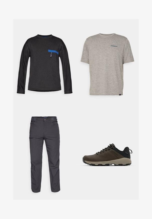 Juodas ilgomis rankovėmis marškinys su apvaliu iškirpimu, turintis mėlyną horizontalią kišenę ir tekstūruotą audinį. Paprastas dizainas be raštų.; Pilkas trumpas rankovės marškinėliai, pagaminti iš minkštos, tekstūruotos medžiagos, ant kairiojo krūtinės puikuojasi mažas mėlynas Patagonia logotipas. Be papildomų raštų.; Tamsiai pilki kelnės, pagamintos iš patvarios medžiagos, su užtrauktuku užsegamu kišeniu, tiesiu kirpimu ir diržo kilpom pritaikytiems dydžiams.; Rudi nepralaidūs sportbačiai su tekstūruota viršutine dalimi, perforuotomis detalėmis, juodu kulno palaikymu ir pilku guminio padu. Šniūreliai yra dekoruoti metaliniais galais.