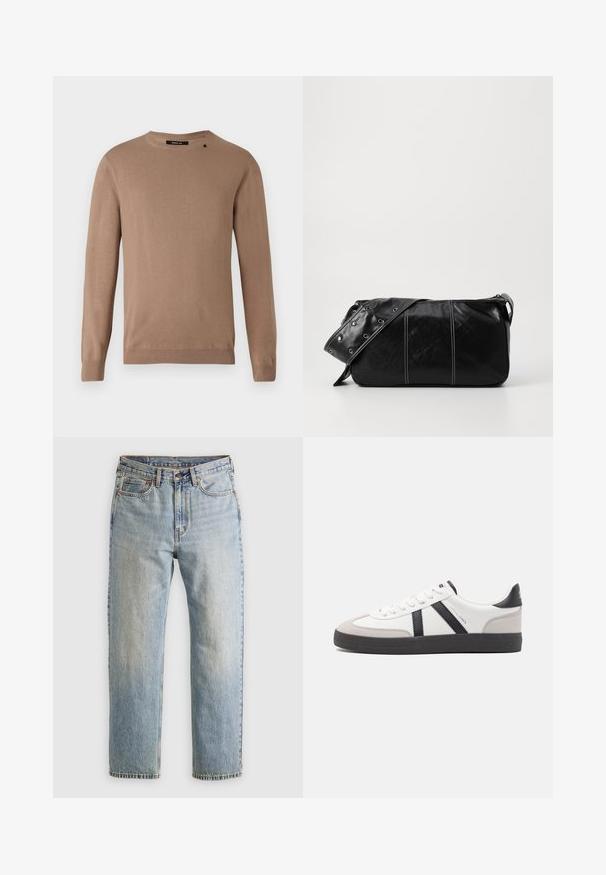Bežna dolga majica z dolgimi rokavi in okroglo izrezom, izdelana iz mehke, teksturirane tkanine. Ima rebraste manšete in obrobo ter majhen logotip.; Svetlo modri džins hlače z visokim pasom, sprednjim gumbom, zadrgo in petimi žepi, laid flat na nevtralni podlagi.; Bela športna obutev z črnimi in sivo akcenti, z teksturirano sivo kapico za prste, črnim gumijastim podplatom in ravnimi belimi vezalkami. Čista zasnova, minimalistični slog.; Črna usnjena torba za ramo z zadrgo, ki ima teksturirano telo, belo šivanje in trak s srebrnimi luknjami.