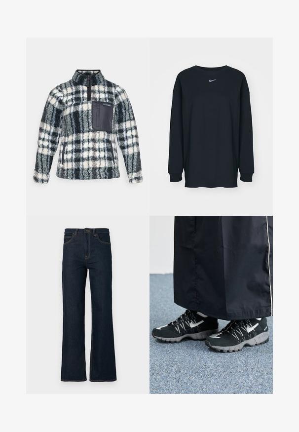 Fleece-pullover i svart, grått og kremfarget rutete mønster. Har en halv glidelås i kragen og en svart brystlomme med logo. Myk tekstur.; Svart langermet T-skjorte laget av bomull med rund hals. Har en hvit Nike-logo på brystet. Myk tekstur, enkelt design.; Mørkeblå straight-leg denimbukser med framlommer, beltehemper og knappelukking i midjen mot en hvit bakgrunn.; Svarte treningssko med teksturert overdel, sølv detaljer og mønstrete såle, sammen med et svart langt plagg. Plassert på et blått teppe.