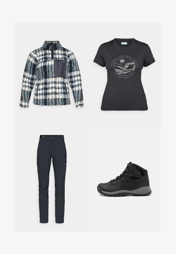 Fleecový pulovr v černé, šedé a krémové kostkované vzoru. Obsahuje límec na půl zip a černou náprsní kapsu s logem. Jemný materiál.; Černé tričko Columbia s bílým kruhovým uměleckým ztvárněním hor a řeky a textem "Columbia Sportswear Company Outside Since 1938."; Pánské outdoorové kalhoty, tmavě šedé, vyrobené z flexibilního materiálu, s pásem, zipovými kapsami a vyztuženým švem.; Černé turistické boty s mírně vyšším střihem, které mají texturovaný svršek, šedé detaily a odolnou gumovou podrážku s trakčními výstupky.