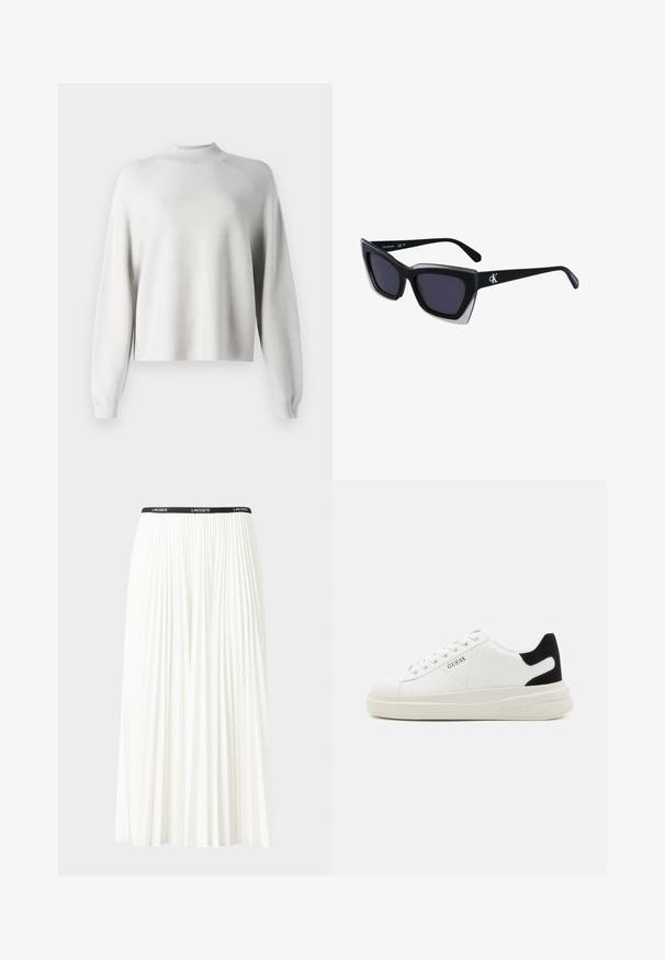 Jasnoszary sweter dzianinowy z wysokim kołnierzem, długimi rękawami i luźnym krojem. Gładka faktura z subtelnymi prążkowanymi akcentami przy mankietach.; Plisowana biała spódnica z czarnym elastycznym pasem z logo "LACOSTE". Średniej długości, o miękkiej teksturze.; Białe skórzane sneakersy z grubą białą podeszwą, czarnym zamszowym akcentem na pięcie oraz wytłoczonym logotypem z boku. Projekt z sznurówkami i sześcioma dziurkami.; Czarne, oversize okulary przeciwsłoneczne o geometrycznym kształcie, z ciemnymi soczewkami i kontrastującym szarym detalem na oprawie. Logo na ramieniu.