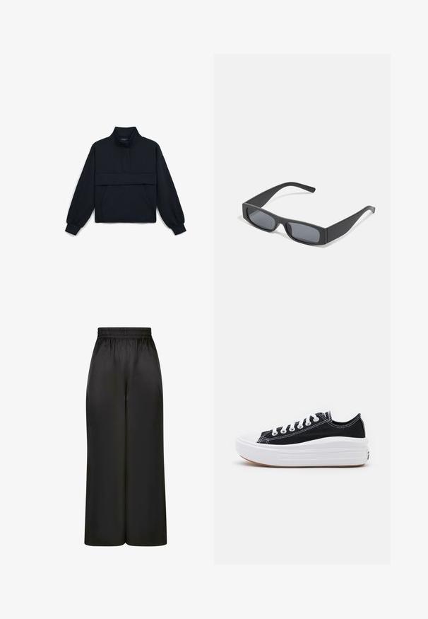 Pullover nero in morbido tessuto a maglia. Caratterizzato da un colletto alto, vestibilità oversize e tasca frontale. Maniche lunghe e larghe con polsini aderenti.; Pantaloni neri a gamba larga realizzati in un tessuto liscio e lucido, con una vita elastica e senza tasche visibili o dettagli in metallo.; Sneaker nere in tela con lacci bianchi, punta in gomma bianca e una suola intermedia bianca e spessa. Presentano cuciture bianche sottili e una suola in gomma.; Occhiali da sole neri rettangolari con lenti scure e montatura spessa opaca. Le asticelle sono leggermente affusolate con una texture liscia.