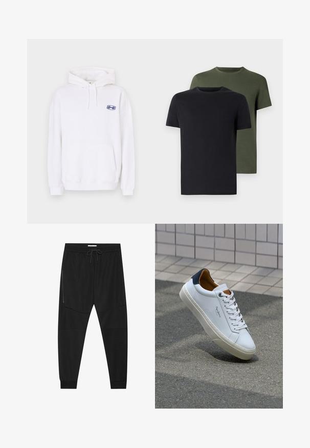 Vit hoodie med framficka, snörning i huvan och en blå logotyp på vänster bröst. Slät textur och avslappnad passform.; Två crew-neck t-shirts i svart och olivgrön, tillverkade av mjukt bomullstyg. Designen är enkel med korta ärmar och rak passform.; Svarta träningsbyxor i texturerad tyg, med justerbart midjeband, ficka med dragkedja på sidan och avsmalnande muddar.; Vita lädersneakers med en marinblå häl, rund tå och kontrasterande bruna detaljer. Har plana snören och en texturerad gummisula.