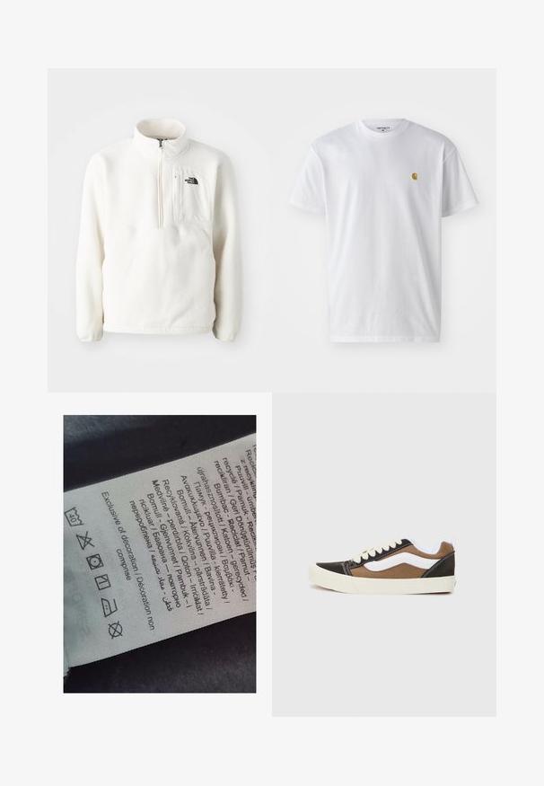Bijeli flis pulover s patentnim zatvaračem na vratu, s prednjim džepom i logotipom na prsima. Mekana tekstura s opuštenim krojem.; Bijela pamučna majica kratkih rukava s okruglim izrezom, sa malim zlatnim logotipom na lijevoj strani prsnog koša. Mekana tekstura i standardni kroj.; Oznaka s viš jezicima, simbolima za njegu i ikonama za reciklažu, otisnuta na mekom materijalu nalik tkanini svijetle boje.; Crne i smeđe tenisice s bijelim akcentima, platneni materijal, niska dizajn, okrugli vrh i bež gumeni đon. Sadrže kontrastne šavove.