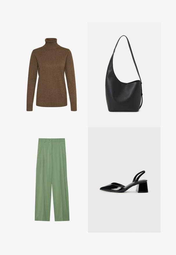 Pulover cu guler înalt de culoare brown, realizat dintr-un tricot moale și texturat. Are mâneci lungi și un design ajustat, cu guler și manșete ribbate.; Pantaloni largi verzi dintr-un material neted. Prezintă pliuri în față, o închidere cu un singur nasture și curea.; Pantofi cu toc slingback din piele lacuită neagră, cu vârf ascuțit și toc geometric. Prezintă un design elegant, minimalist și o textură netedă.; Geantă hobo din piele neagră, cu o textură netedă, formă curbată și un singur bretele ajustabil; are o deschidere largă în partea de sus.