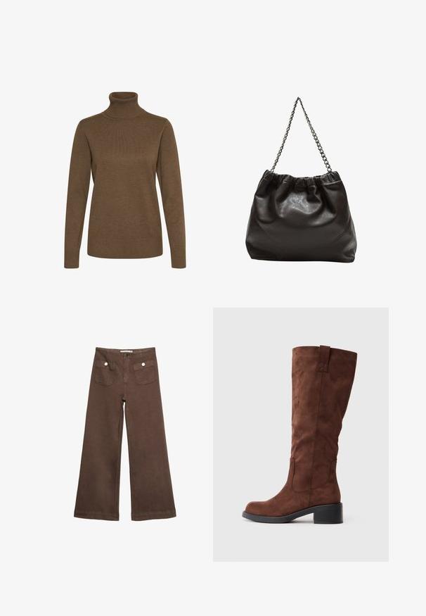 Ruskea turtleneck-neule, joka on valmistettu pehmeästä, teksturoidusta kudoksesta. Siinä on pitkät hihat ja slimmi muotoilu, jossa on ribattuja kaula-aukko ja hihansuut.; Ruske leve bukser i bomuld med to forlommer med sølvknapper og en glat overflade.; Ruskeat mokkasaappaat polven korkeudelle, pyöreällä kärjellä, leveällä korolla ja sivusaumoilla. Sujuva pinta ja kestävä rakenne.; Ruskea nahkainen laukku, jossa on kerätty yläosa ja ketjuhihna. Tasainen pinta, jossa kiiltävä viimeistely ja hienovaraiset sauman yksityiskohdat sivuilla.