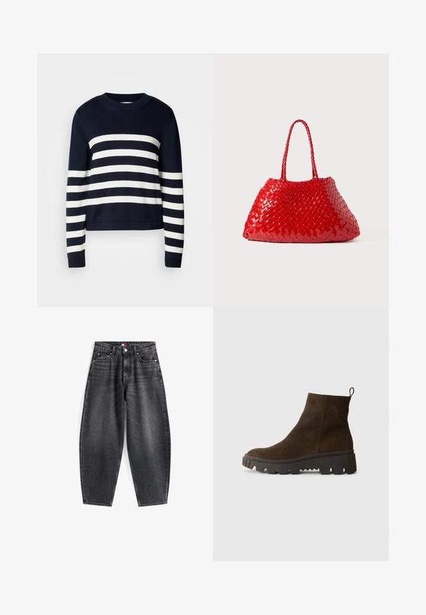 Sötétkék pulóver vízszintes fehér csíkokkal, kerek nyakkivágással és bordázott mandzsettákkal. Puha tapintás, rövidített fazon és egyenletes színeloszlás.; Magas derekú, fekete farmernadrág, laza szabással, öt zsebbel, övtartókkal és márkás derékkal.; Barna velúr bokacsizma masszív fekete gumitalppal, enyhén sarokkal és hátul elhelyezett húzófüllel a könnyű felvétel érdekében.; Vörös szőtt női táska fényes felülettel, fonott fogantyúkkal. Megkülönböztető háromszög alakú és texturált felülettel rendelkezik, szoros mintázattal.