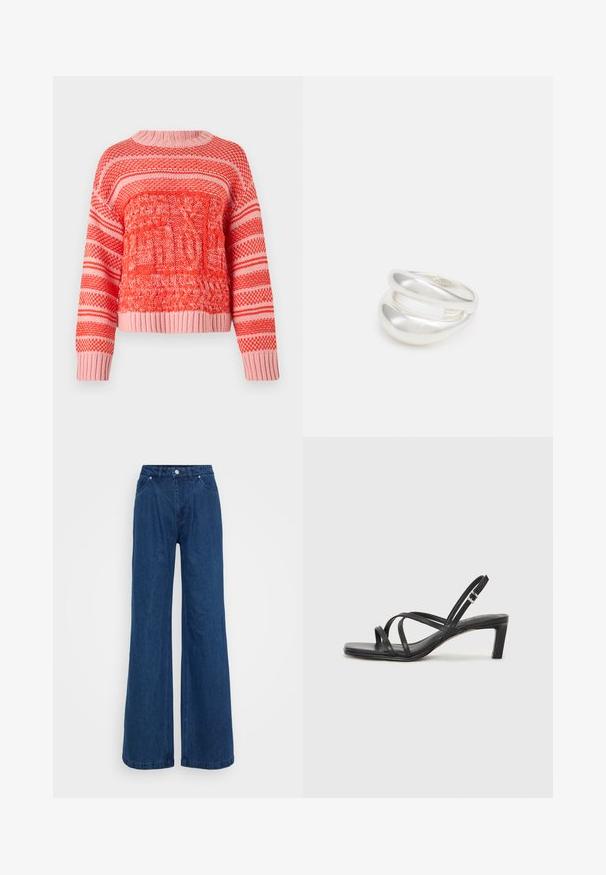 Sarkans un rozā adīts džemperis ar teksturētām rakstām, horizontālām svītrām, apaļu kakla izgriezumu un ribinātām piedurknēm un apakšmalu.; Platas kājas zila denim bikses ar augstu jostasvietu, priekšējo pogu un slēgšanu ar rāvējslēdzēju, kā arī priekšējām un aizmugurējām kabatām uz vienkārša fona.; Melnas strappy sandales ar kvadrātveida purngaliem un zemu bloku papēdi. Ievērojamas ar vairākiem plāniem siksniņām un regulējamu potītes siksniņu. Izgatavotas no gludas ādas.; Sudraba divu joslu gredzens ar gludu, pulētu virsmu. Iezīmējas ar plūstošu, izliekta dizaina struktūru ar pārklājošām sekcijām modernam izskatam.