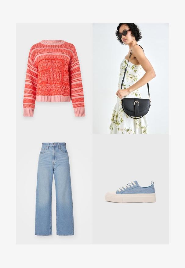 Rot und rosa gestrickter Pullover mit strukturierten Mustern, horizontalen Streifen, einem runden Halsausschnitt sowie gerippten Bündchen und Saum.; Hellblaue High-Waist-Weite-Leg-Jeans mit Knopf- und Reißverschluss vorne, Vorder- und Rückentaschen, auf weißem Hintergrund.; Helleblaue Leinensneaker mit einer cremefarbenen Gummikappe und Außensohle, ausgestattet mit weißen Schnürsenkeln und einer Zuglasche an der Ferse.; Schwarze Lederhandtasche mit geschwungener Form, abnehmbarem Tragegurt und goldenen Beschlägen. Die Tasche verfügt über einen Deckel mit einer Schnallen-Details.