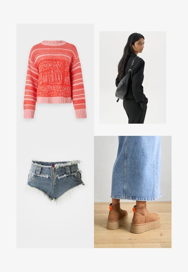Rot und rosa gestrickter Pullover mit strukturierten Mustern, horizontalen Streifen, einem runden Halsausschnitt sowie gerippten Bündchen und Saum.; Denim-Shorts mit fransigem Saum, hoher Taille, Reißverschluss vorne und zwei vorderen Taschen. Das Material ist ein verblasstes blaues Denim mit abgenutzten Details.; Braune Wildleder-Plateau-Stiefel mit elastischen Seitenpaneelen und orangen Zuglaschen, kombiniert mit einem knielangen hellen Jeansrock auf einem Holzboden.; Frau mit langen dunklen Haaren, die einen schwarzen Anzug trägt und eine schwarze Lederschultertasche hält, schaut über ihre Schulter vor einem weißen Hintergrund.
